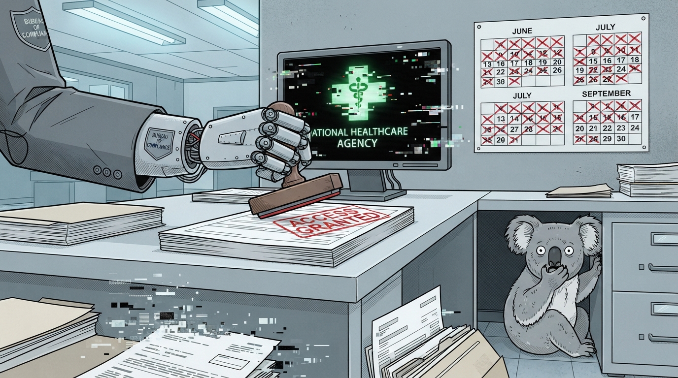 A robotic hand stamps documents with a red ACCESS GRANTED stamp while a koala hides behind a filing cabinet.