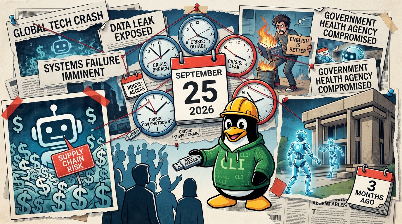 A collage links a crisis calendar, a flooded AI logo, a penguin handing ROOT ACCESS drives, and a burning book.