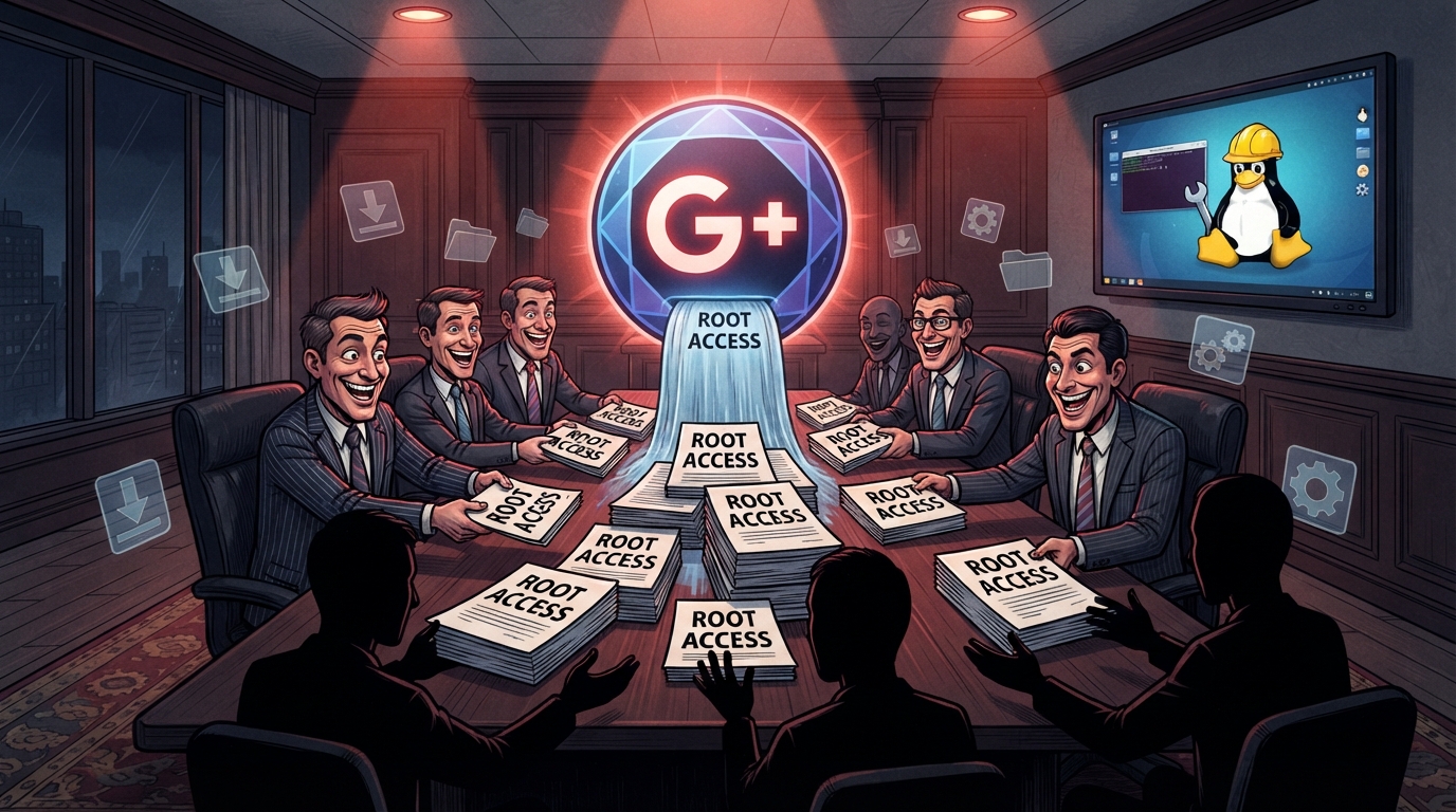 Smiling executives hand ROOT ACCESS documents to shadowy figures beneath a bright corporate emblem.