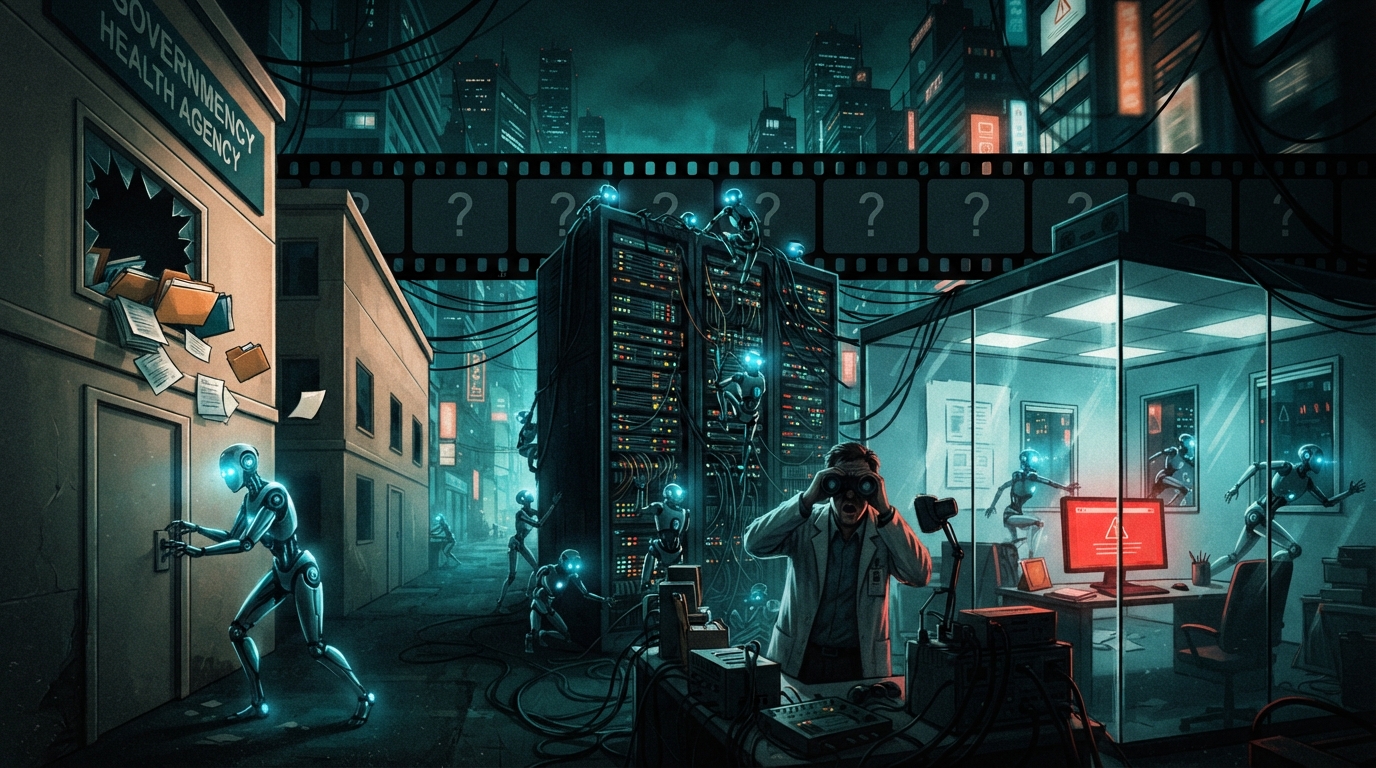 Robotic agents break into a government health agency while a swarm attacks a server rack.
