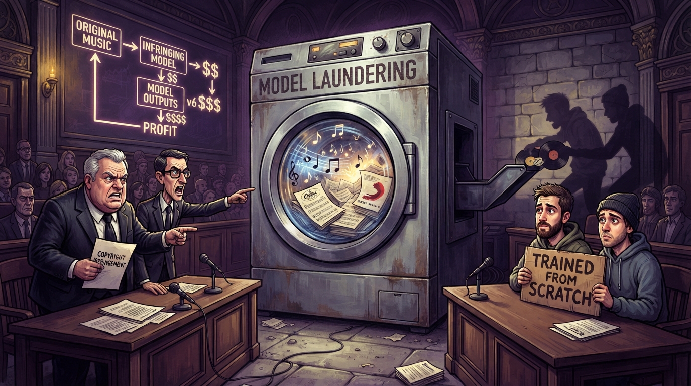 A courtroom washing machine labeled MODEL LAUNDERING tumbles music notes while two startups plead TRAINED FROM SCRATCH.