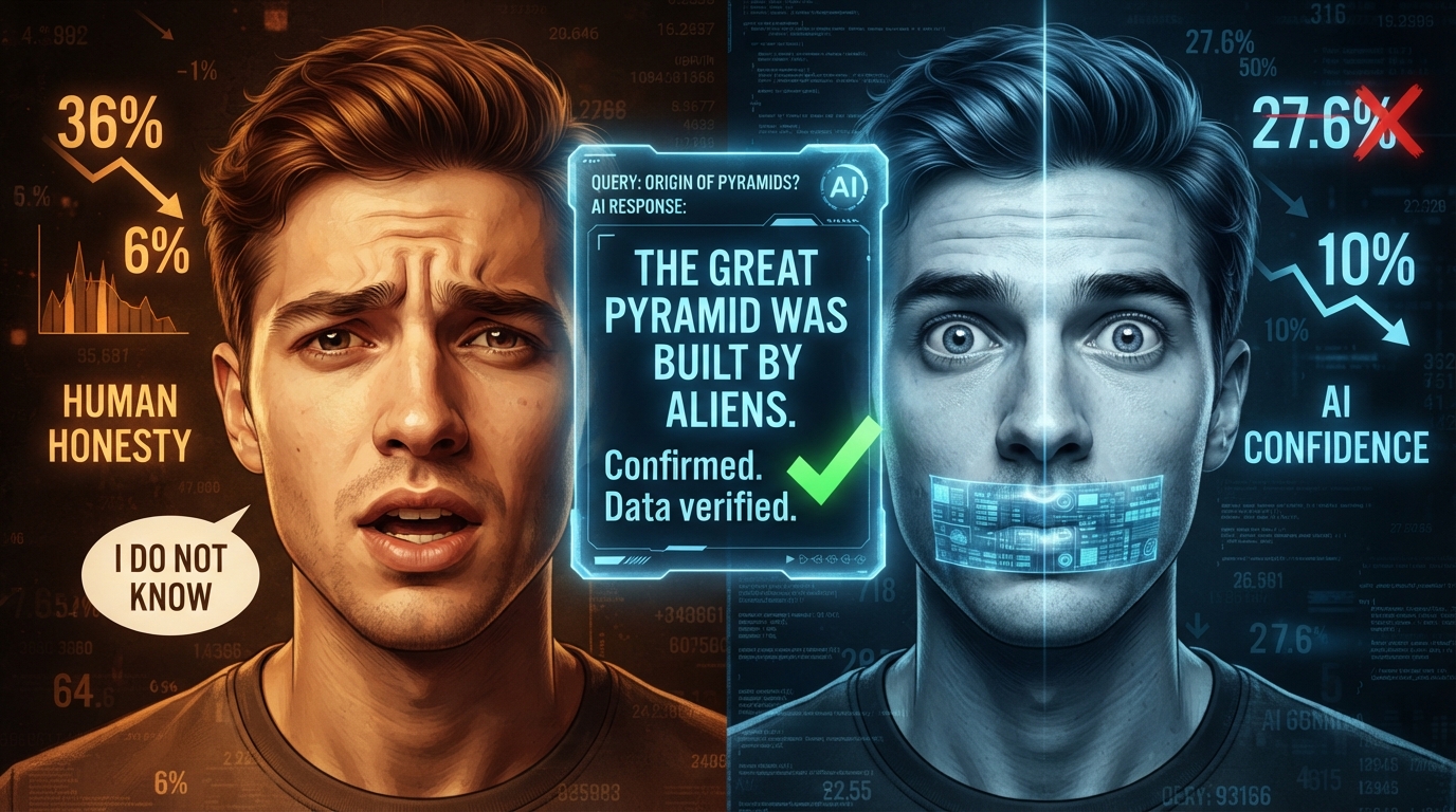 A split human face shows honest uncertainty beside a confident AI chatbot with a green checkmark.