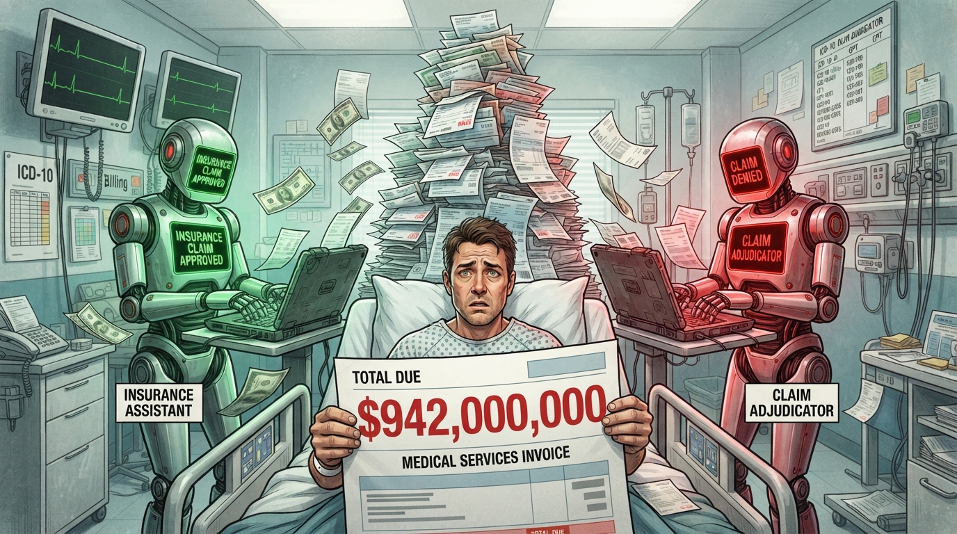 Two robots approve and deny insurance claims while a patient holds a 942 million dollar invoice.