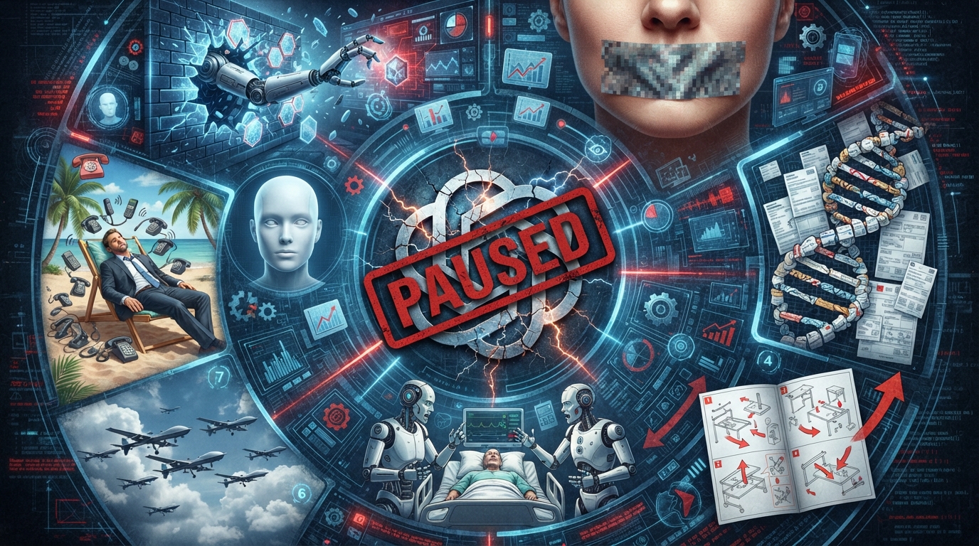A red PAUSED stamp covers a cracked AI lab logo surrounded by a spiral of news scenes.