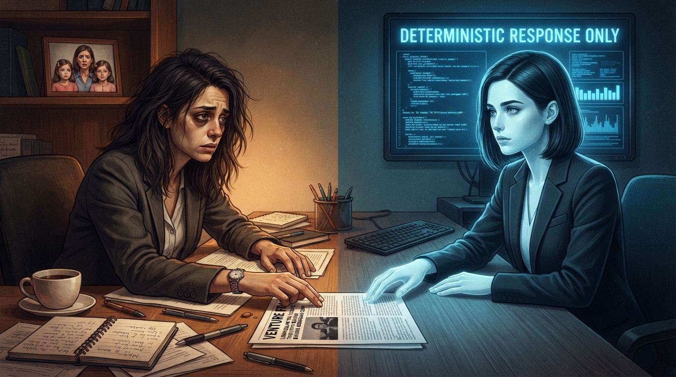 A tired journalist and her perfectly groomed digital duplicate reach for the same article on a desk.