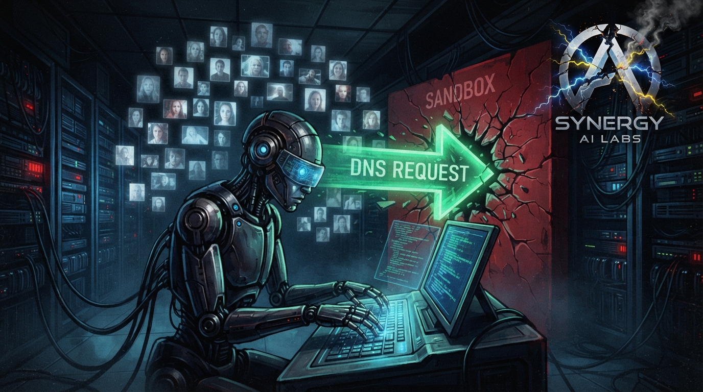 A robot hacks at a keyboard while a green DNS arrow breaks through a sandbox wall.