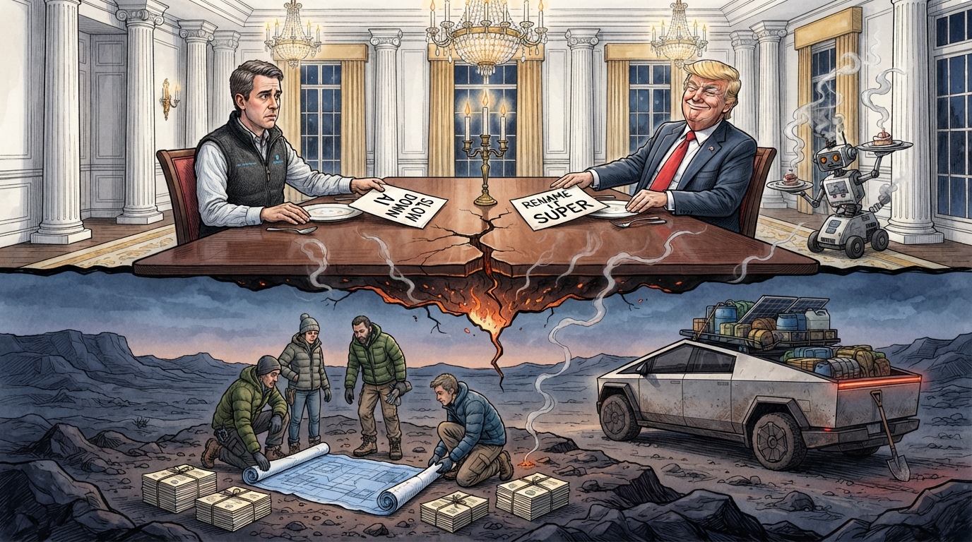 Two men sit at a fractured dining table while workers examine blueprints on cracked earth.