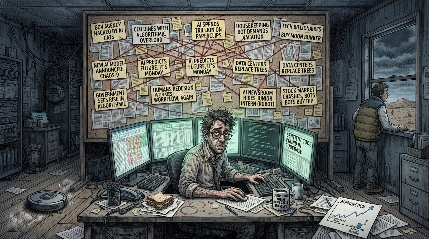 A disheveled man sits at a desk with multiple monitors while another looks out a window.