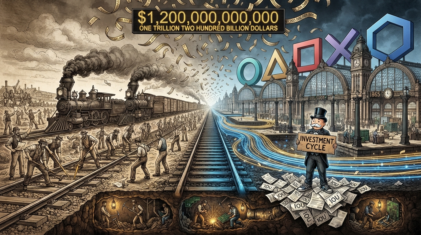A man in a top hat holds an investment sign beside railroad workers and a trillion-dollar display.