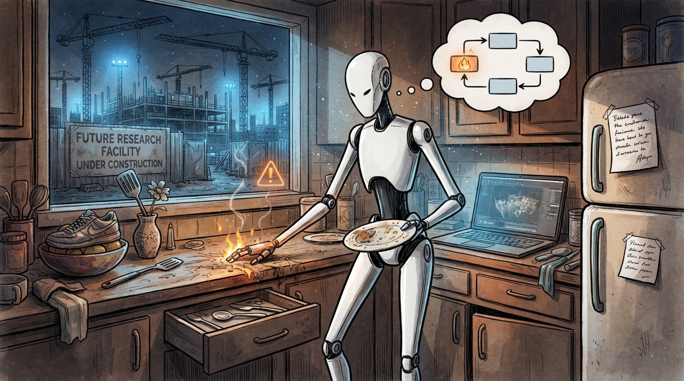 A humanoid robot holds a plate while cooking at a messy kitchen counter.