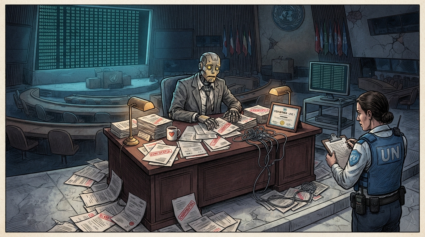 A robot in a suit stamps documents while a UN officer takes notes nearby.