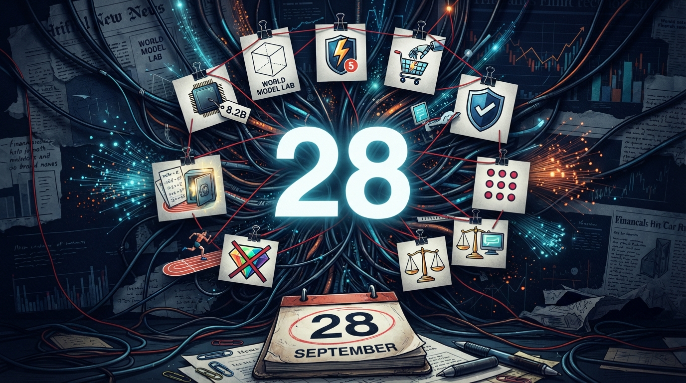 A dense collage of AI news icons and a running track surrounds a giant numeral 28 on a desk calendar.