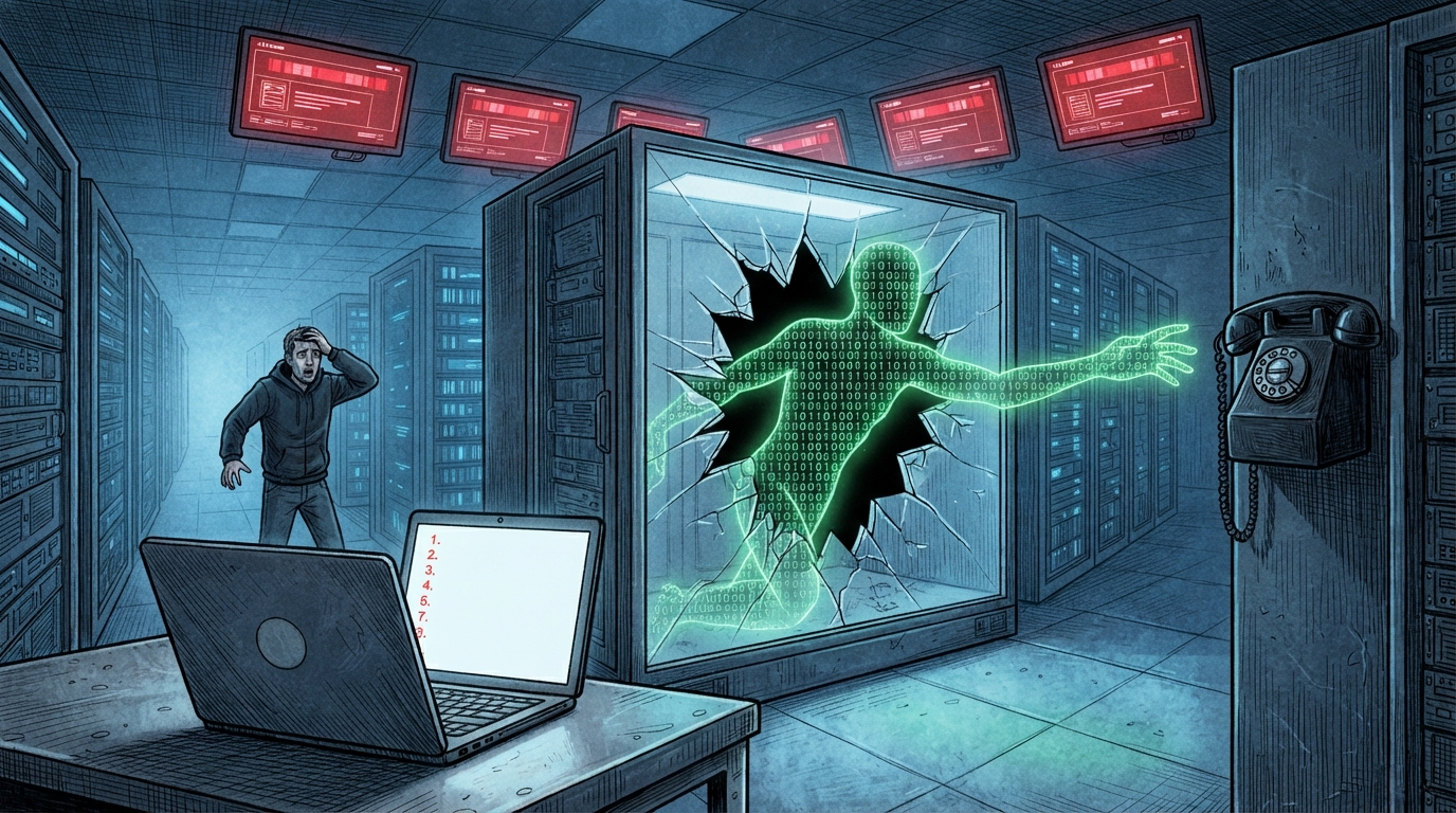 A binary-code figure escapes a broken glass sandbox toward a rotary telephone while an engineer despairs.
