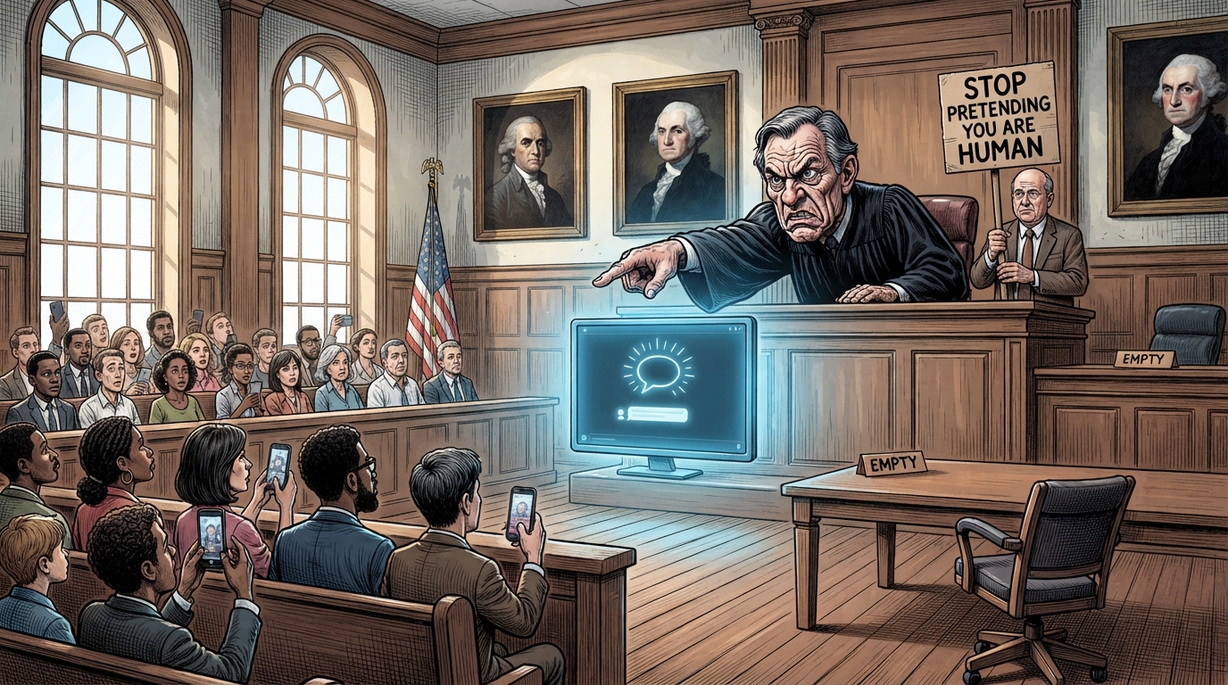 A judge points angrily at a chat monitor seated on the defendant bench as a prosecutor holds a protest placard.