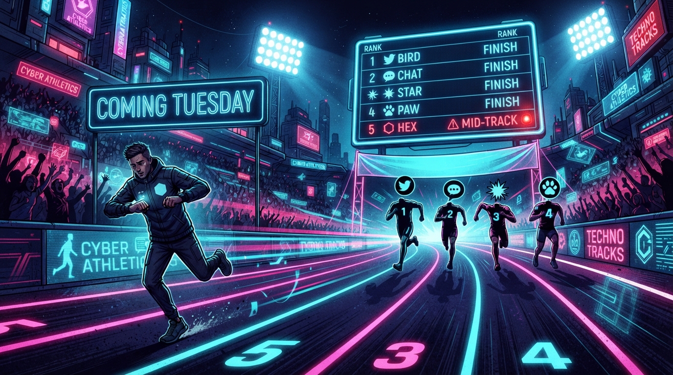 Four runners sprint near the finish line while a fifth stumbles mid-track and checks a wristwatch.
