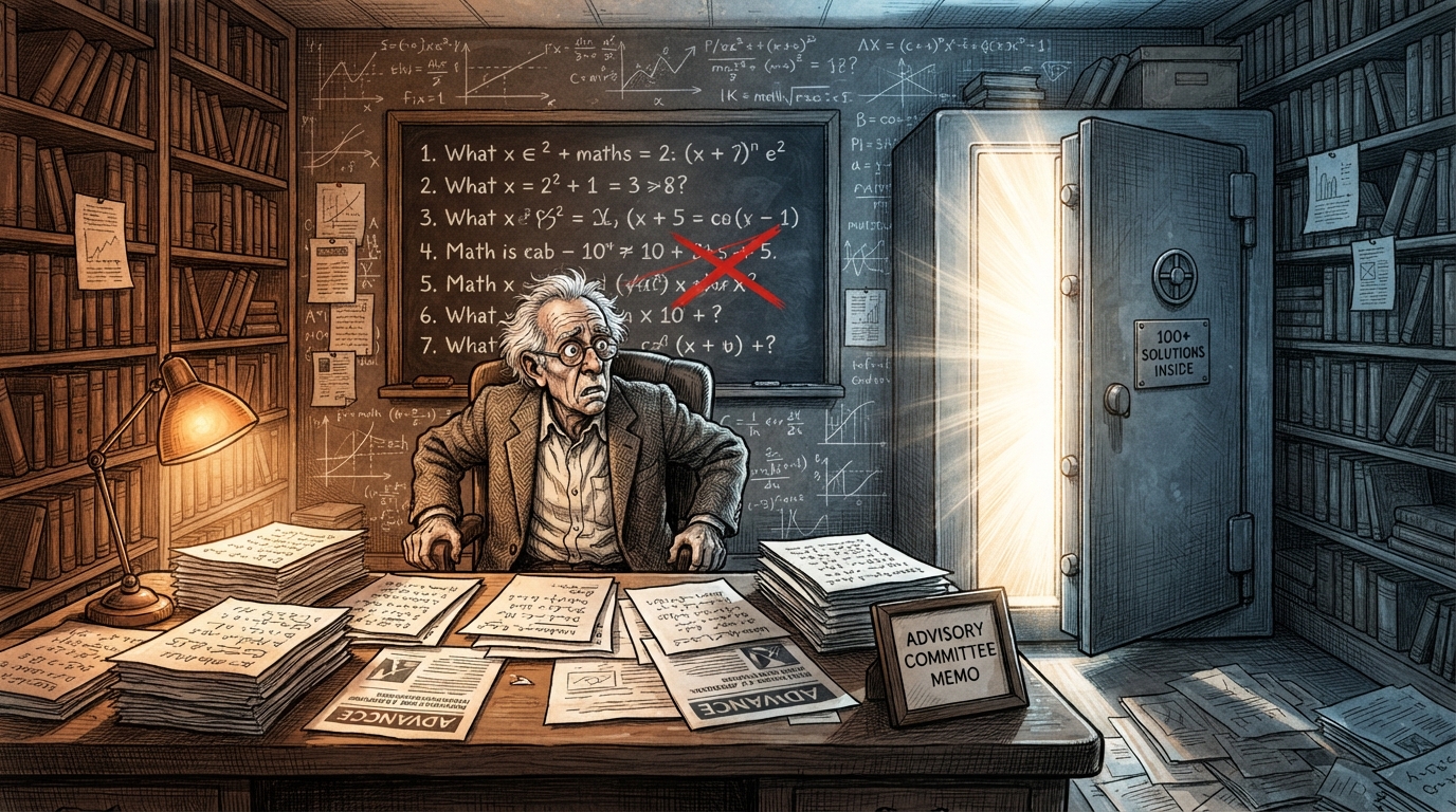 An elderly professor stares at an open safe marked 100+ SOLUTIONS INSIDE while one chalkboard problem stays crossed out.
