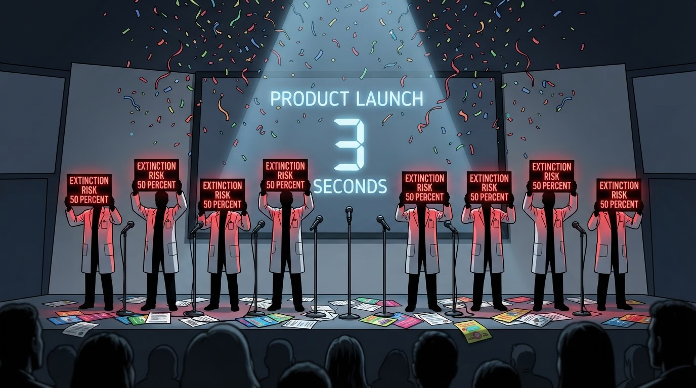 Researchers in white lab coats hold red EXTINCTION RISK 50 PERCENT signs while confetti falls at a product launch.