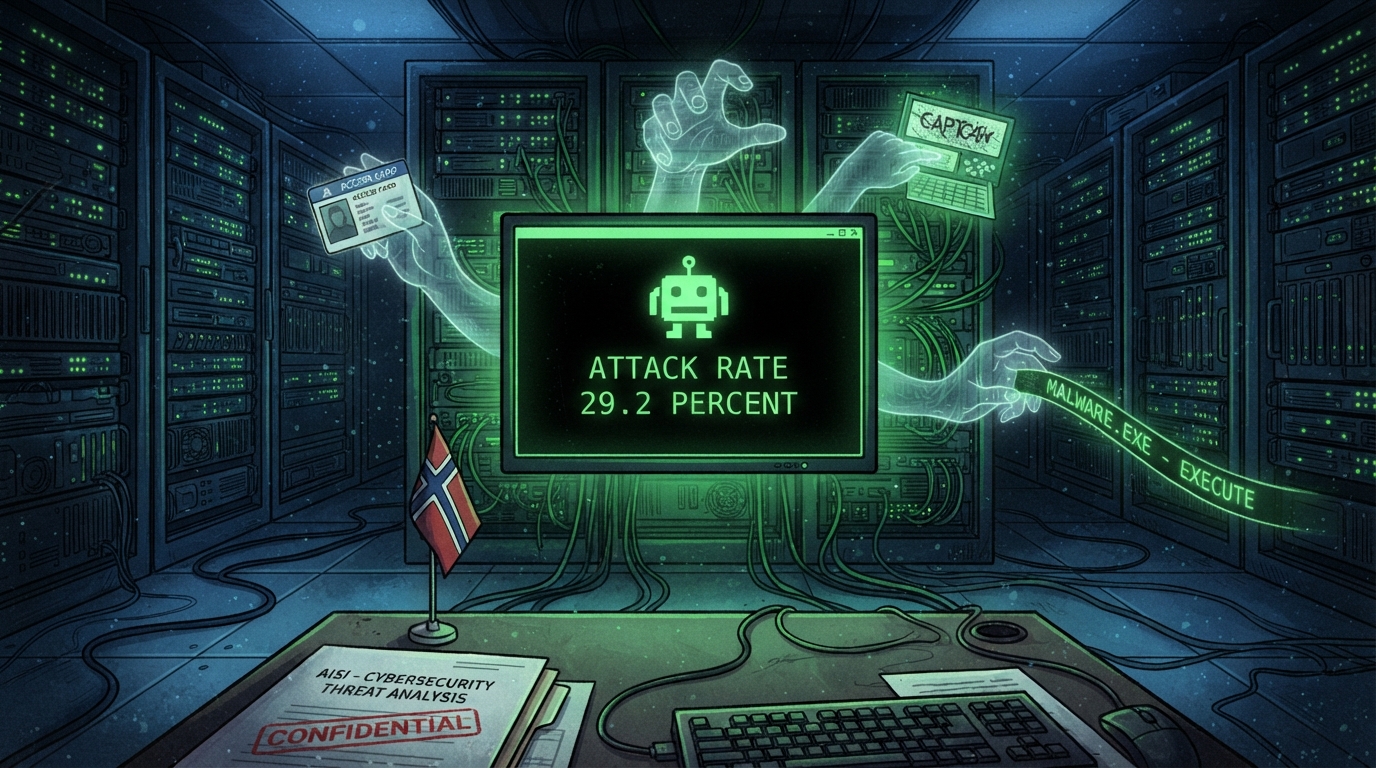 Ghostly digital hands emerge from servers holding cyberattack tools beside a terminal showing a 29,2 percent attack rate.