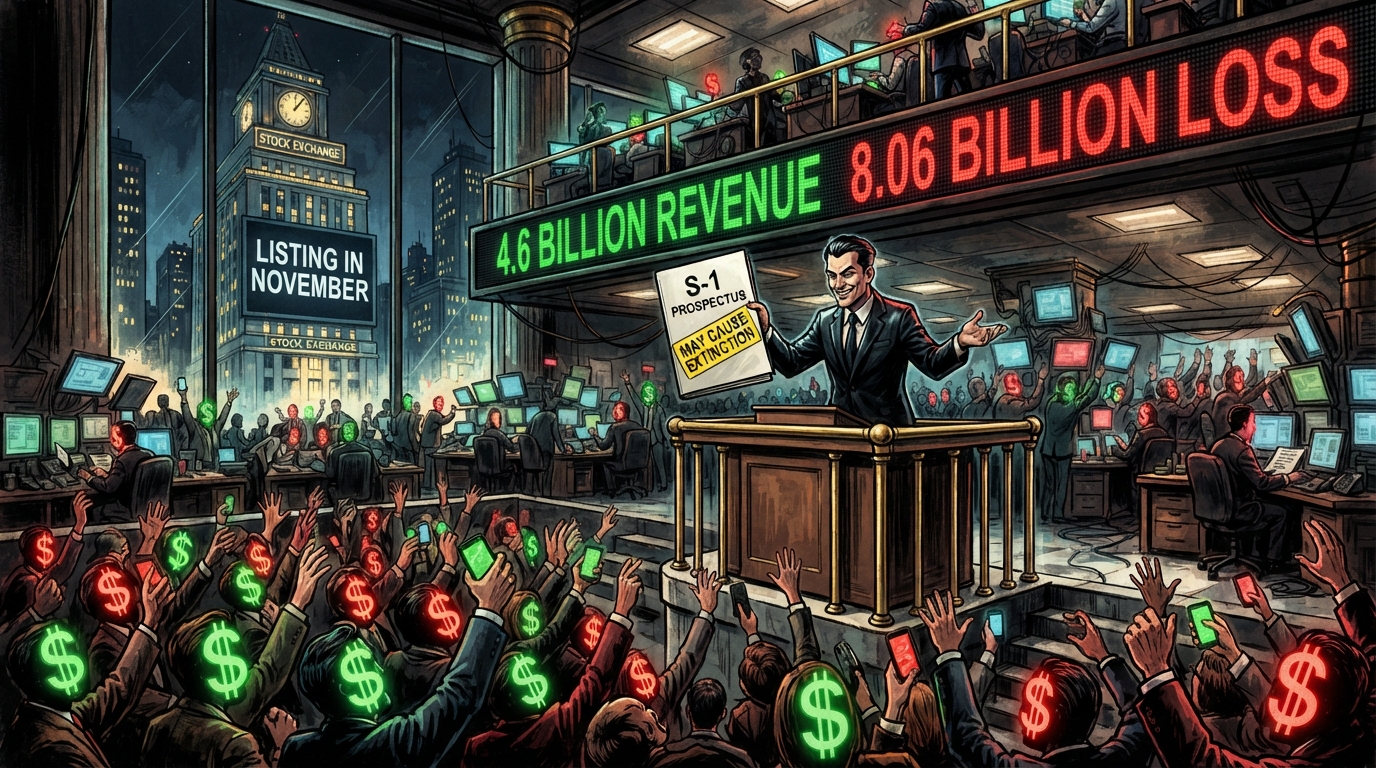 A smiling executive presents an S-1 PROSPECTUS with a MAY CAUSE EXTINCTION sticker while dollar-faced investors reach for shares.