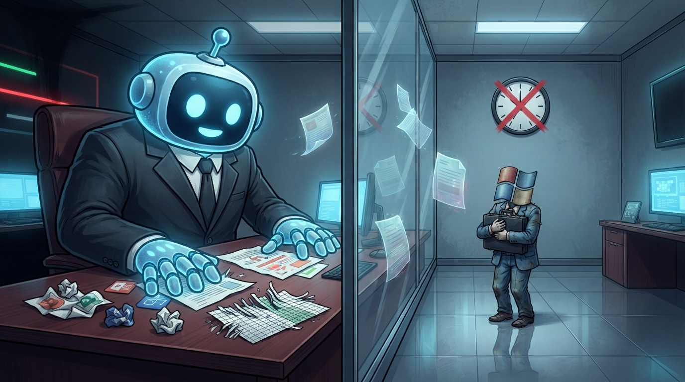 A giant chatbot in a business suit crushes office icons at a desk while a smaller window-faced figure watches through glass.