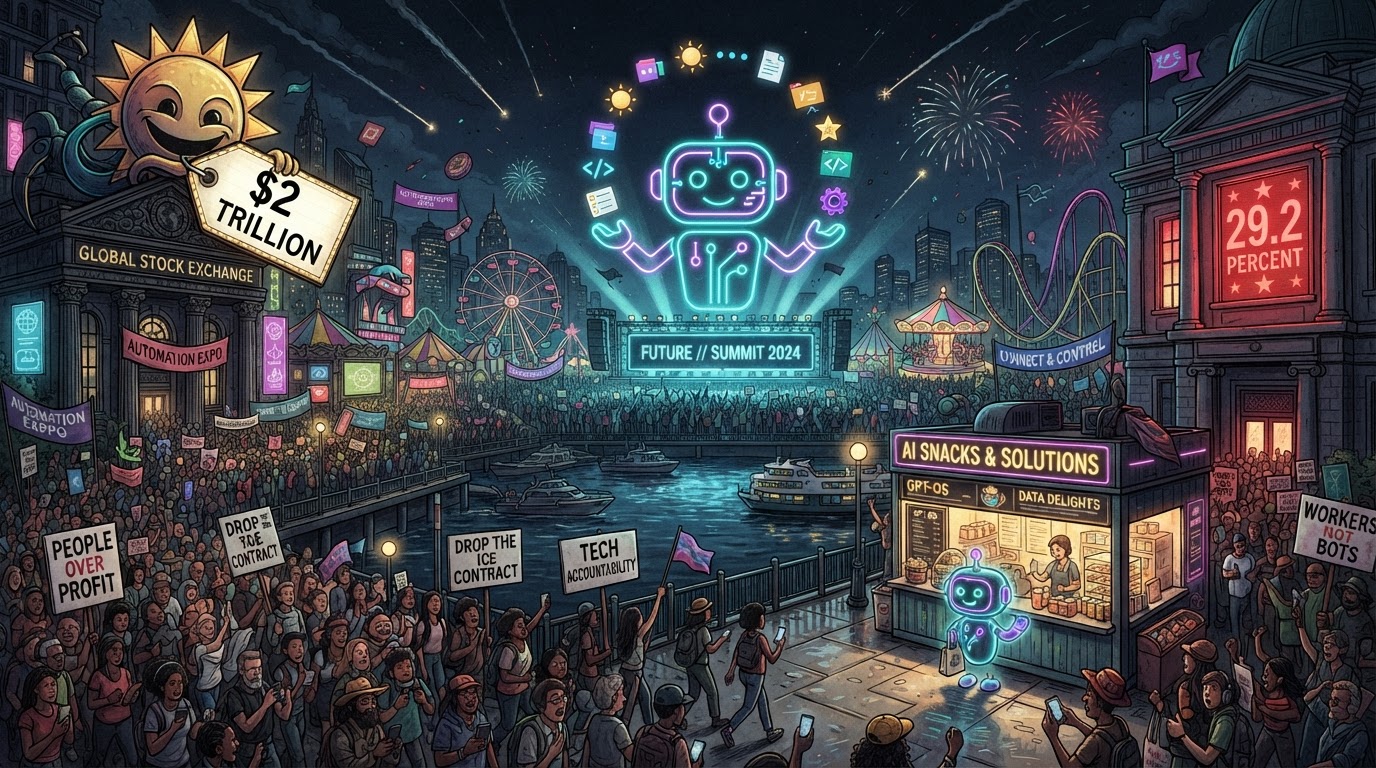 A giant chatbot juggles product icons at a tech carnival while protesters march past a vendor booth.