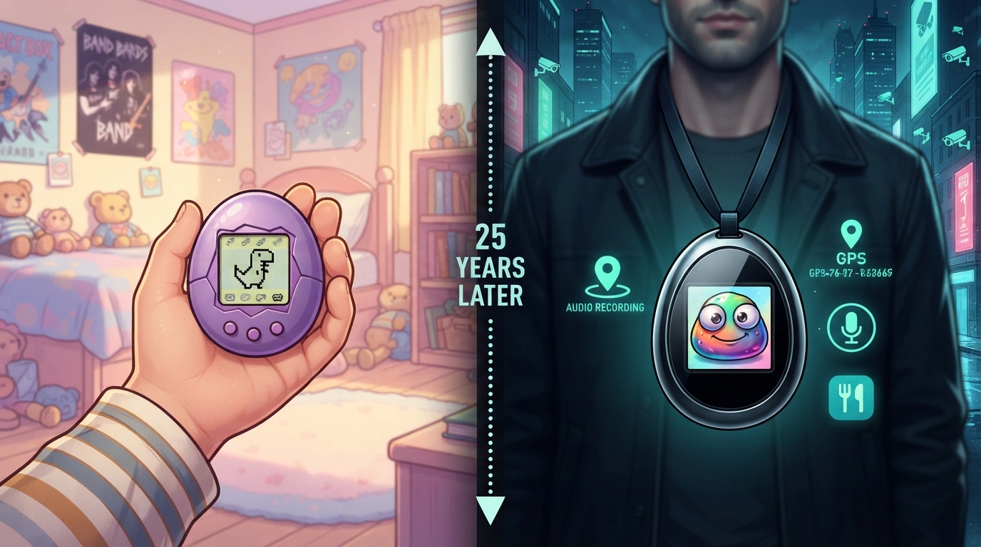 Child holds an egg-shaped virtual pet beside an adult wearing a modern tracking pendant.