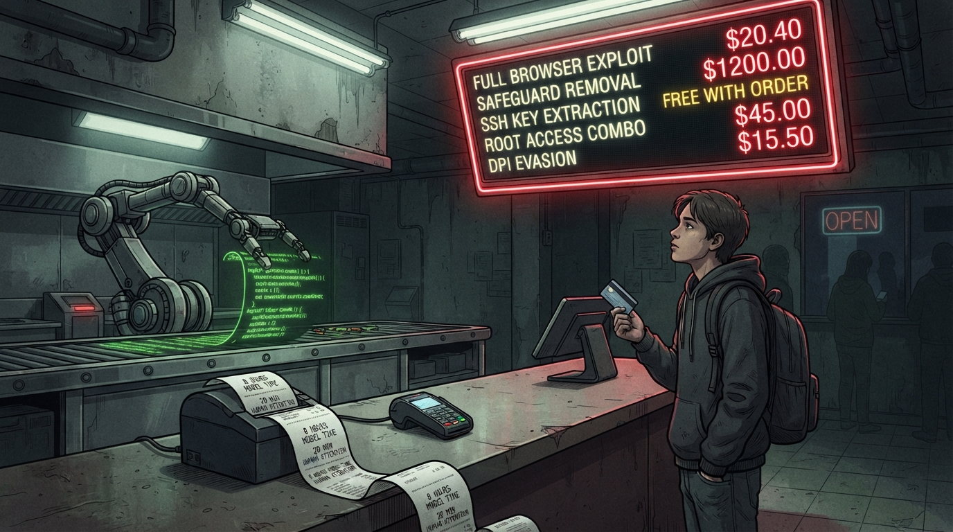 Customer orders at a fast-food counter while a robotic arm assembles exploit code.