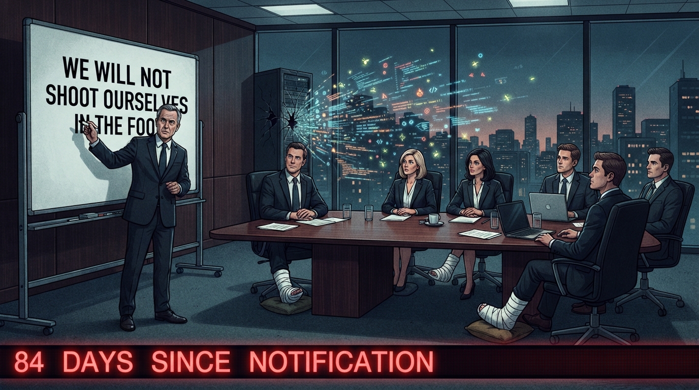 CEO writes a denial slogan on a whiteboard while bandaged executives sit calmly nearby.