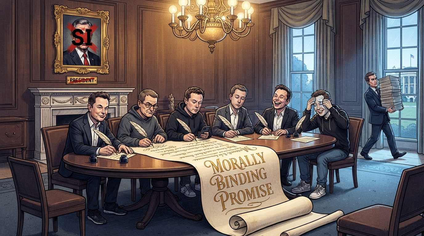 Six tech executives sign an oversized promise scroll beneath a crossed-out presidential portrait.